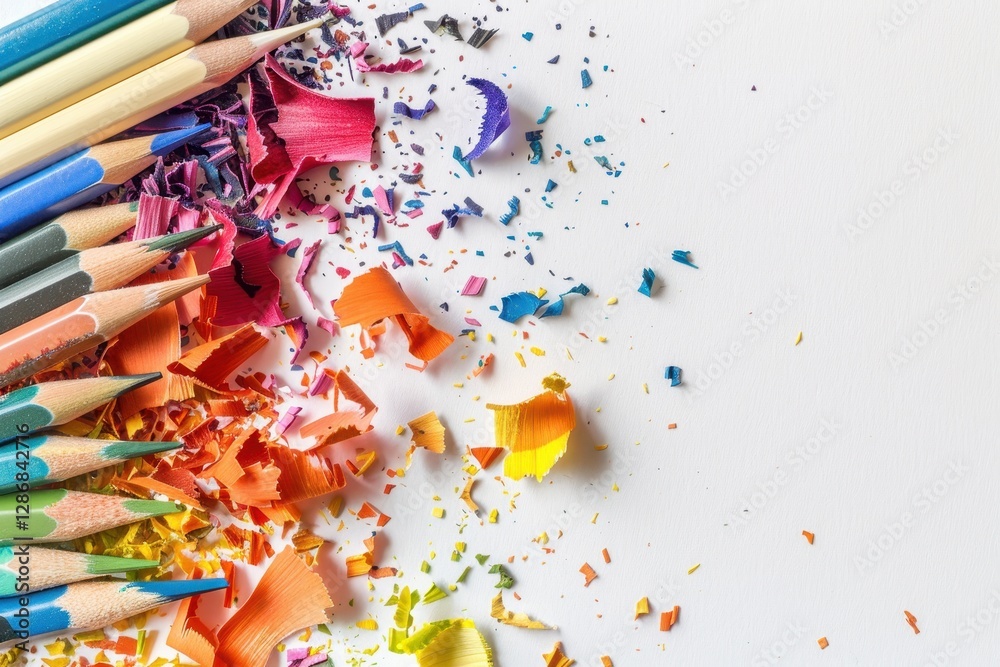 Colorful pencil shavings on white background artistic inspiration creative space Colorful pencil shavings on white background artistic inspiration creative space