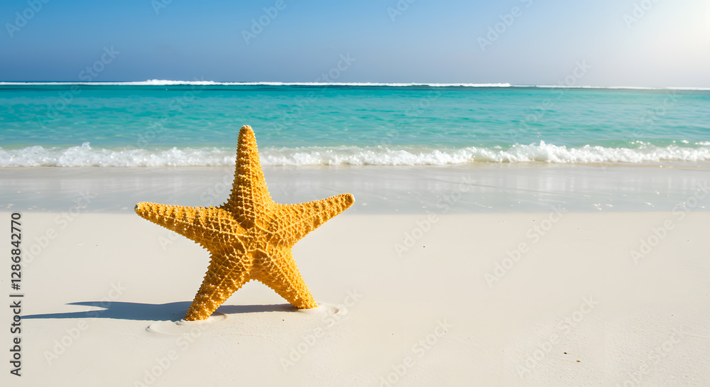 Golden starfish is casting a shadow on the beach sand, with the ocean waves sparkling in the background on a sunny day. Golden starfish is casting a shadow on the beach sand, with the ocean waves sparkling in the background on a sunny day.