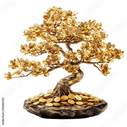Golden Chinese Prosperity Coin Tree Isolated on Transparent Background