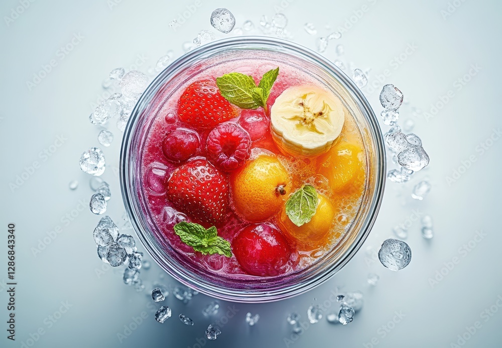 Colorful Fruit Bowl with Fresh Berries and Sliced Bananas Surrounded by Ice Cubes on a Clean Light Background Colorful Fruit Bowl with Fresh Berries and Sliced Bananas Surrounded by Ice Cubes on a Clean Light Background