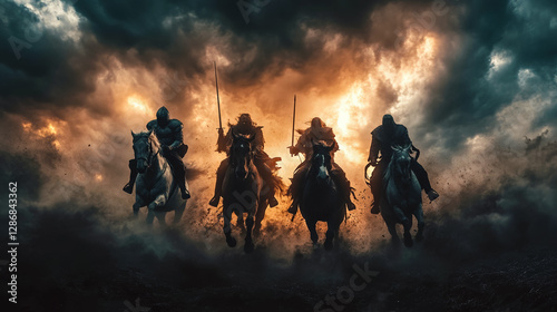 Bible prophecies: Four Horsemen of Apocalypse, riding on horses symbolizing Plague, War, Famine, Death and end of world. Ominous but majestic post-apocalyptic background. AI generated.