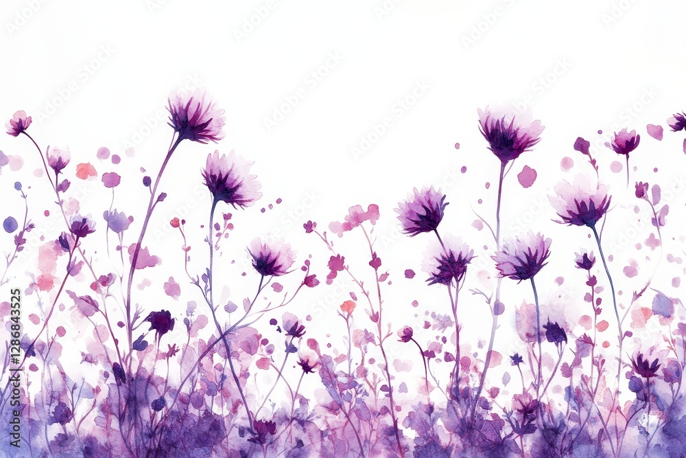 Fototapeta premium A minimalistic watercolor illustration featuring milk thistle seeds and flowers in shades of purple against a white background