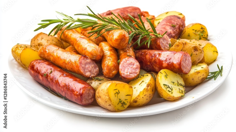 Vibrant sausage and potato platter on white background showcasing freshness and natural ingredients Vibrant sausage and potato platter on white background showcasing freshness and natural ingredients