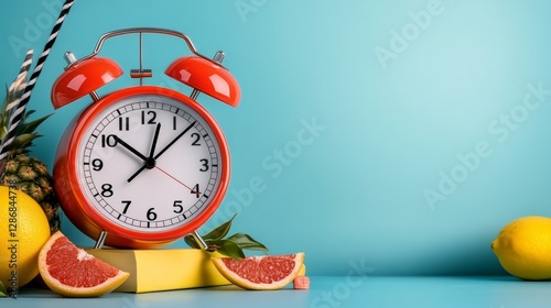 Red alarm clock with the time of 10:30 on it sits on a table with a yellow box and a bunch of oranges