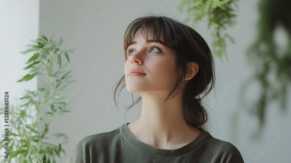 Thoughtful Caucasian Woman in Her Late 30s Standing Alone in a Minimalist White Room with Subtle Greenery in the Background Thoughtful Caucasian Woman in Her Late 30s Standing Alone in a Minimalist White Room with Subtle Greenery in the Background