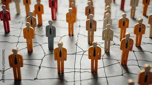 Chain of people figurines connected by white lines. Cooperation and interaction between people and employees. Dissemination of information in society, rumors. Communication. social contacts
