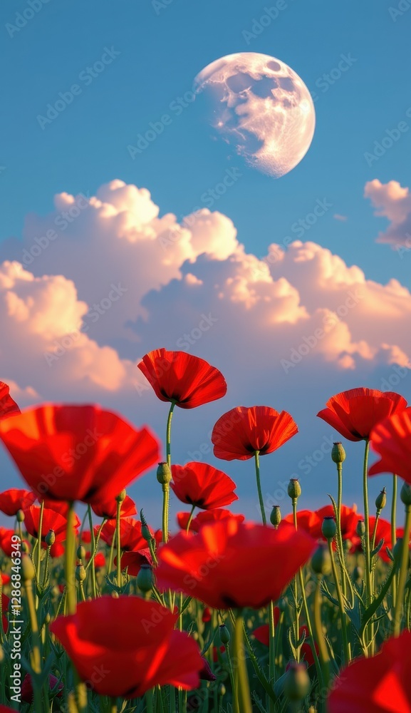Fototapeta premium Red poppies sway in a vibrant field under a bright moonlit sky with fluffy clouds at dusk