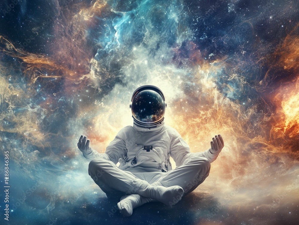Meditating astronaut in zero gravity surrounded by the beauty of space and cosmic light Meditating astronaut in zero gravity surrounded by the beauty of space and cosmic light