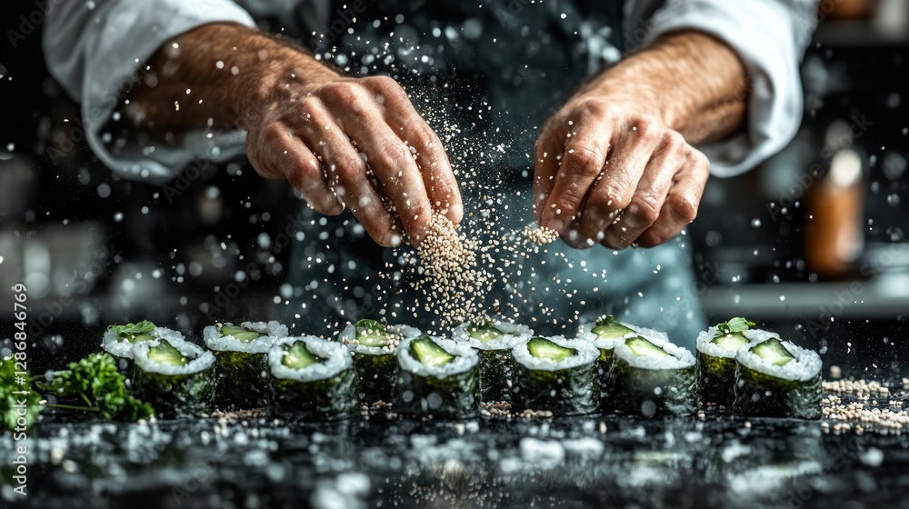 Chef sprinkling sushi rolls with seasoning in a restaurant kitchen Chef sprinkling sushi rolls with seasoning in a restaurant kitchen