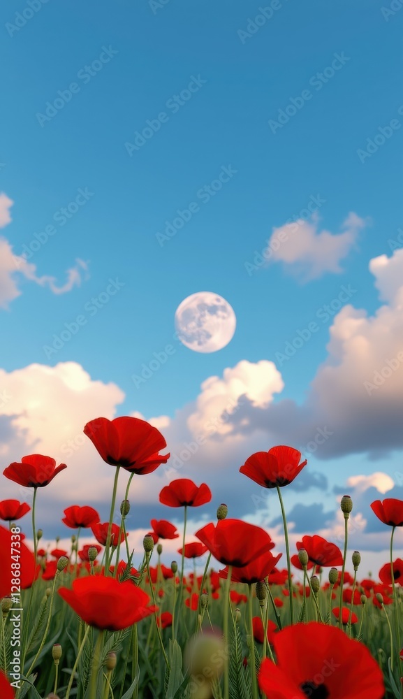 Obraz premium Red poppies sway in a vibrant field under a bright moonlit sky with fluffy clouds at dusk