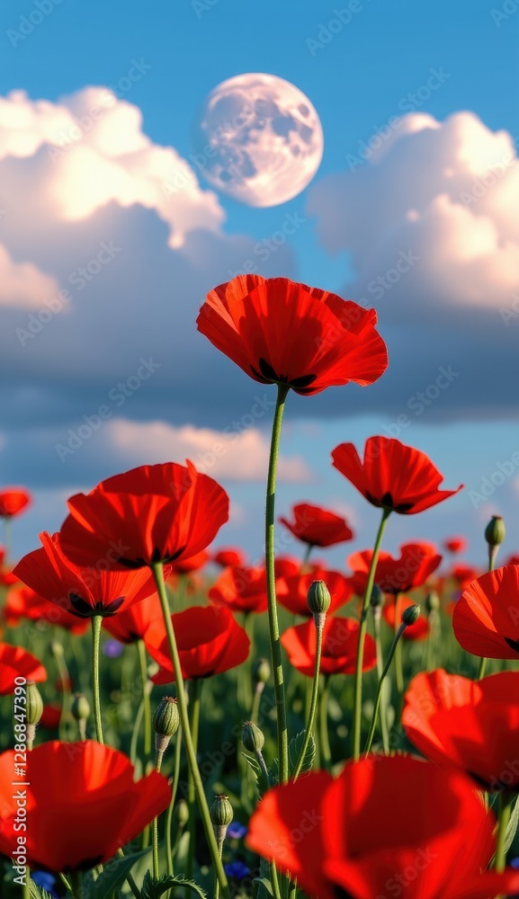 Obraz premium Red poppies sway in a vibrant field under a bright moonlit sky with fluffy clouds at dusk