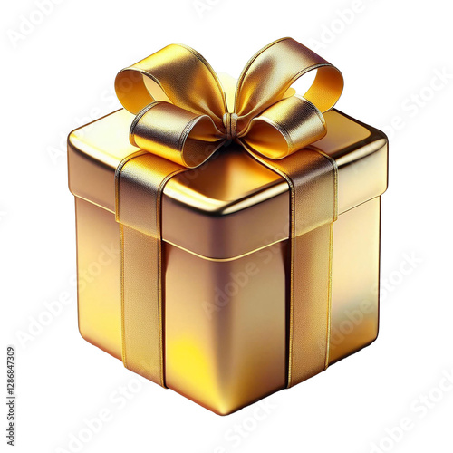golden gift box with golden bow and ribbon isolated on transparent background, png