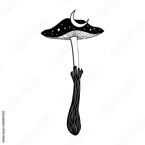 A mystical fly agaric mushroom illustrated in a lovely black-and-white doodle style.