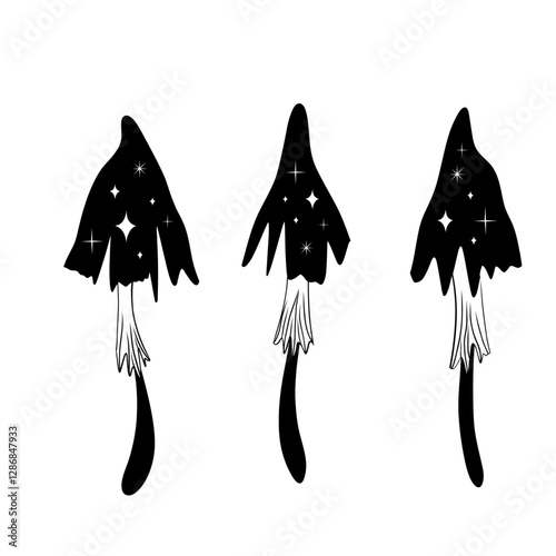 A mystical fly agaric mushroom illustrated in a lovely black-and-white doodle style.