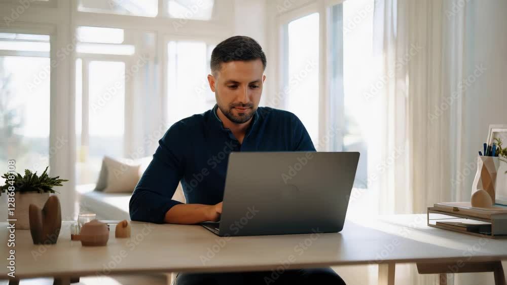 Man sits at modern desk focused on laptop, utilizing natural light from large windows. Calm atmosphere encourages productivity, ideal for remote work and creativity enhancing tasks Man sits at modern desk focused on laptop, utilizing natural light from large windows. Calm atmosphere encourages productivity, ideal for remote work and creativity enhancing tasks