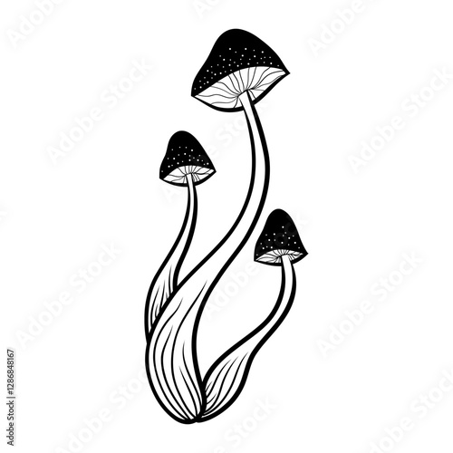 Mystical mushroom in doodle style, outline, silhouette. Whimsical, fantastic mushroom.