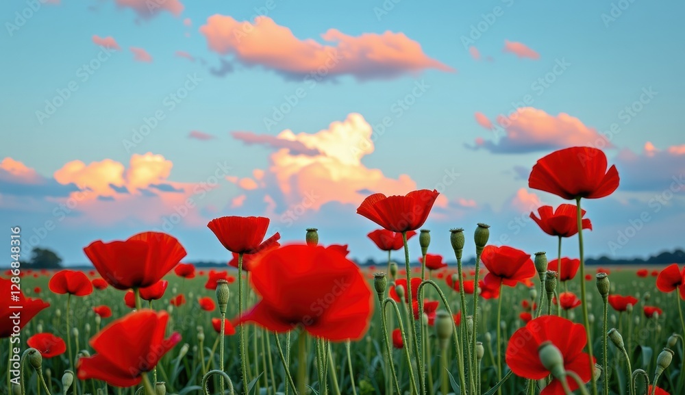 Fototapeta premium Red poppies sway in a vibrant field under a bright moonlit sky with fluffy clouds at dusk