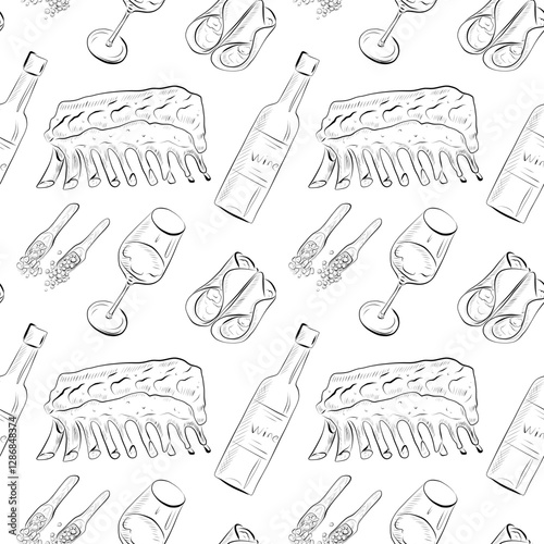 vector seamless pattern line art elements - food, cuisine