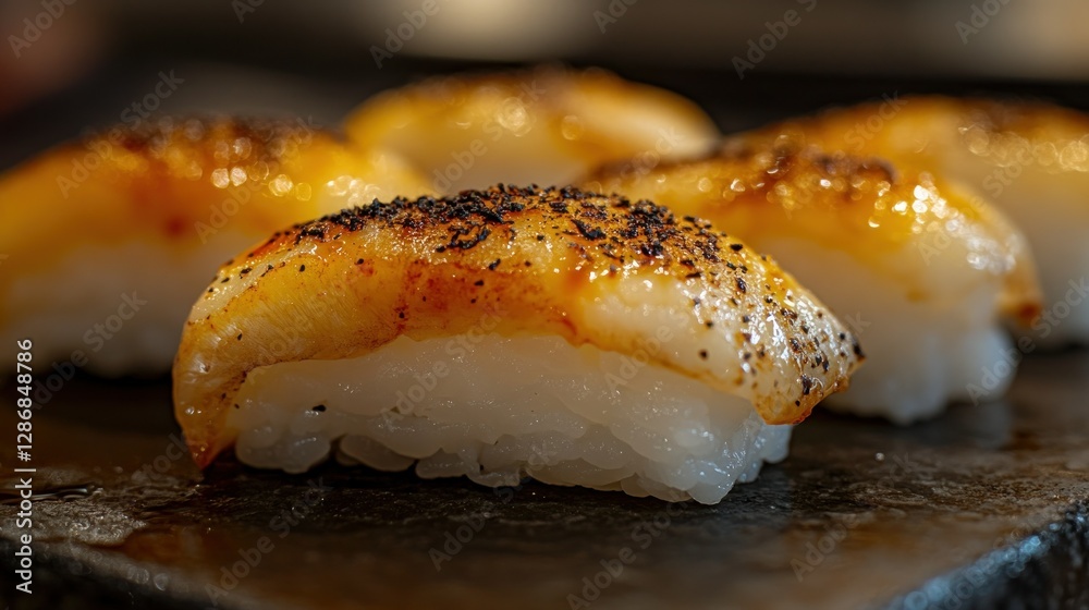 Close-up of delicious, seasoned sushi pieces on a dark plate, restaurant setting Close-up of delicious, seasoned sushi pieces on a dark plate, restaurant setting