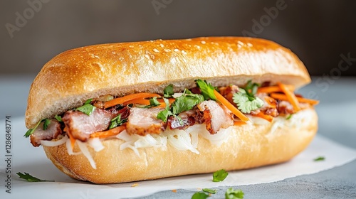 Delicious banh mi sandwich presenting grilled pork, cilantro, and pickled carrots