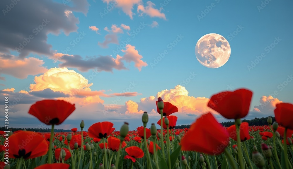Fototapeta premium Red poppies sway in a vibrant field under a bright moonlit sky with fluffy clouds at dusk