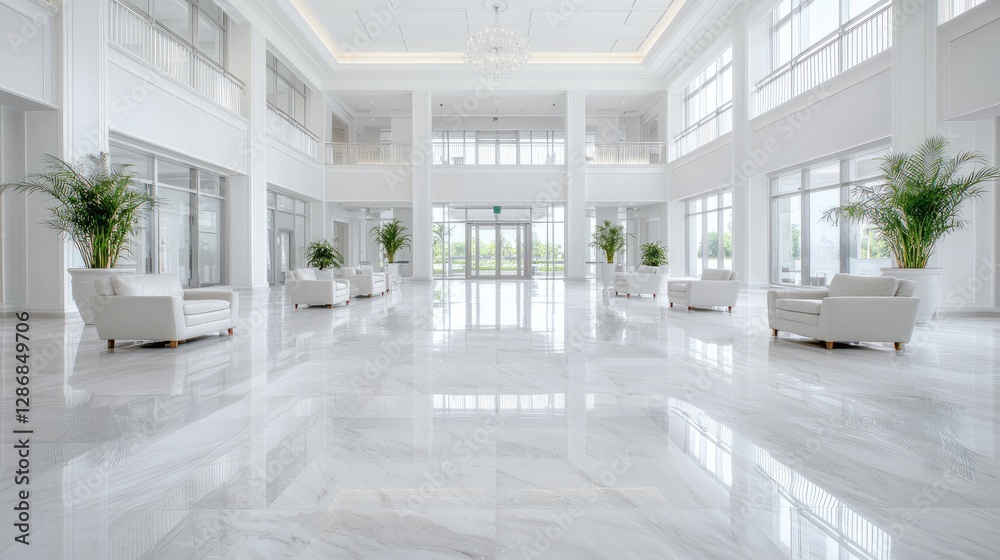 Fototapeta premium Luxurious white marble lobby, bright interior, plants, glass doors, tranquil background, ideal for corporate or real estate