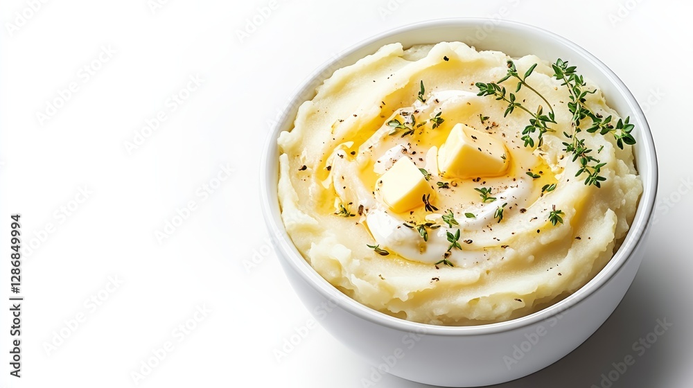 Bowl of mashed potatoes with butter and parsley on top. The mashed potatoes are creamy and fluffy, and the butter and parsley add a savory touch. The bowl is white and sits on a white background Bowl of mashed potatoes with butter and parsley on top. The mashed potatoes are creamy and fluffy, and the butter and parsley add a savory touch. The bowl is white and sits on a white background