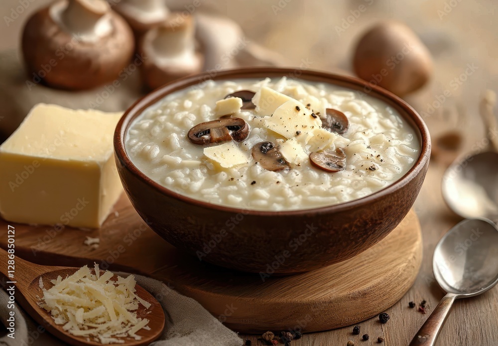 Creamy Mushroom Risotto with Butter and Cheese Topped with Herbs in Rustic Bowl on Wooden Surface