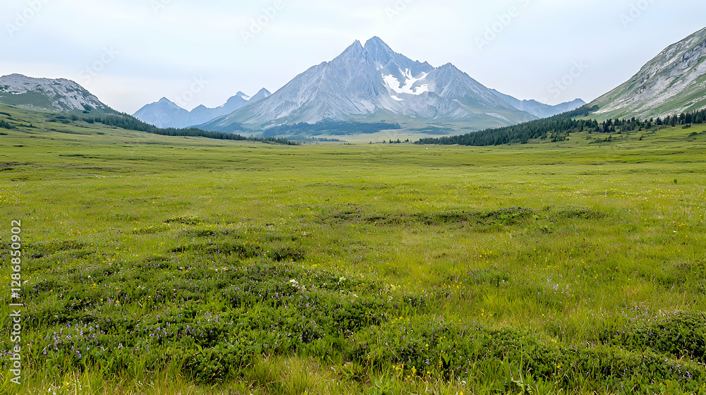 Fototapeta premium Mountain valley meadow, wildflowers, summer. Nature landscape, travel poster