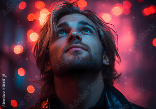 Man gazes upward in a neon-lit street during nighttime, surrounded by vibrant bokeh lights creating a dreamy atmosphere. Generative AI