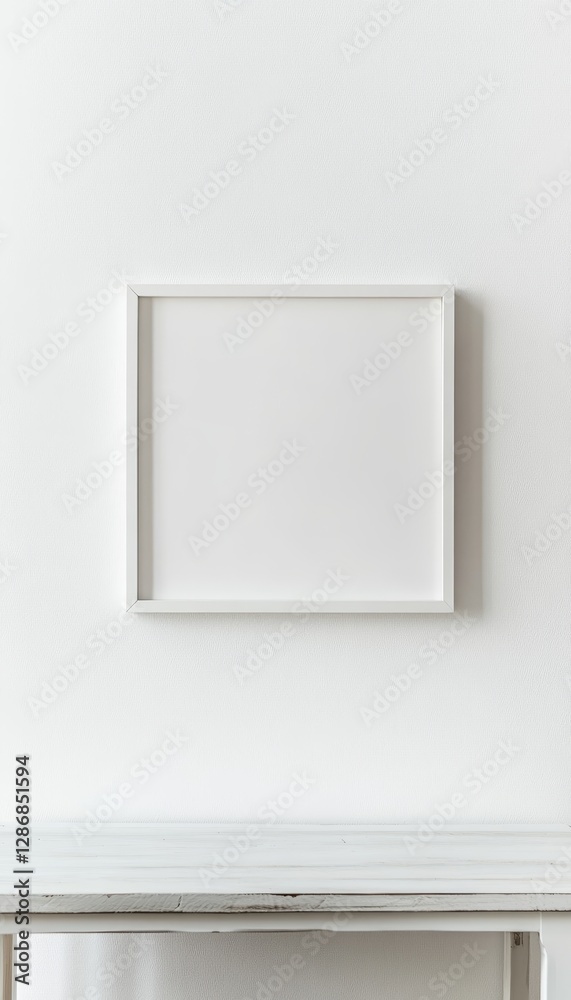 Stylish blank square frame on a pristine white wall in a modern office setting for presentations Stylish blank square frame on a pristine white wall in a modern office setting for presentations