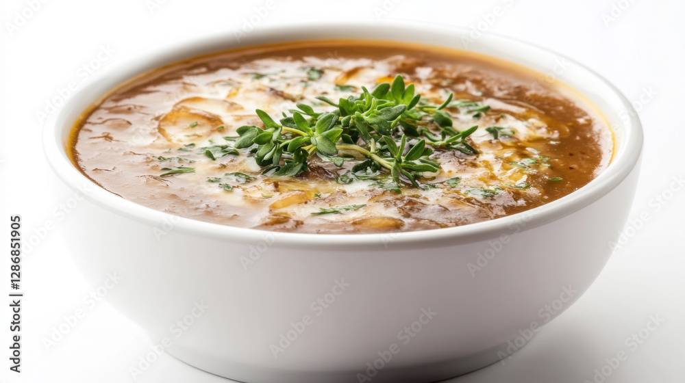 Delicious french onion soup with herb garnish in a white bowl Delicious french onion soup with herb garnish in a white bowl