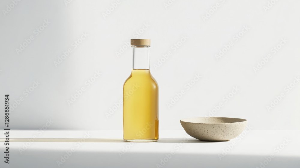 Minimalist design featuring a glass bottle of cold pressed oil and ceramic bowl for kitchen decor Minimalist design featuring a glass bottle of cold pressed oil and ceramic bowl for kitchen decor
