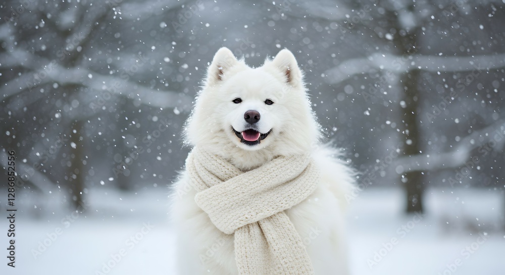 Fluffy White Samoyed Dog Smiling In A Snowy Winter Wonderland Wearing A Cozy Knitted Scarf. Fluffy White Samoyed Dog Smiling In A Snowy Winter Wonderland Wearing A Cozy Knitted Scarf.