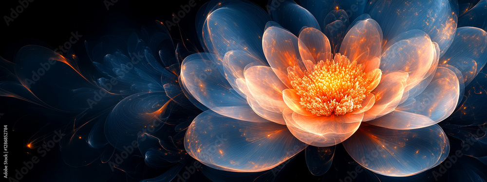 Glowing flower in digital art display. This vibrant artwork showcases a luminous flower with intricate petals and warm colors against a dark background. Glowing flower in digital art display. This vibrant artwork showcases a luminous flower with intricate petals and warm colors against a dark background.