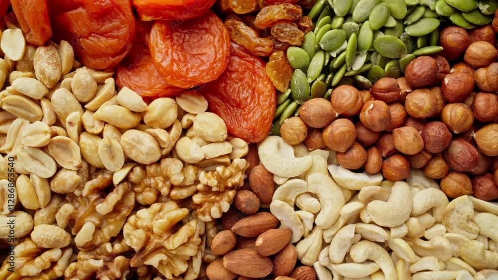 Mixed dried fruit nuts on plate. Colorful assortment of nuts and dried fruits perfect for healthy snacking rotating. Natural food background. Vegan food. Close up in 4K, UHD