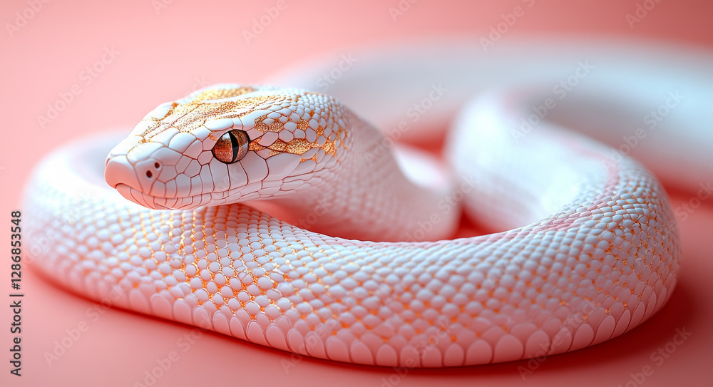 Fototapeta premium White snake with golden lines. A stunning white snake with golden patterns curls on a soft pink surface, highlighting its unique colors.