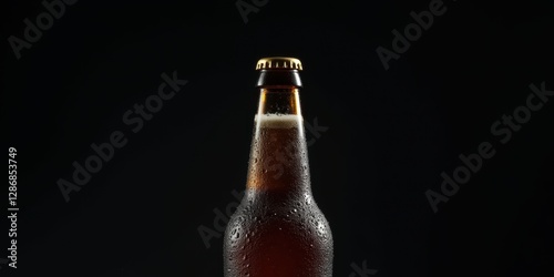 a chilled beer bottle with condensation, set against a dark background, perfect for beverage advertising or branding.