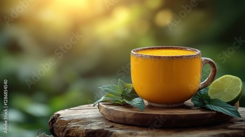 Golden Turmeric Drink in Outdoor Setting photo