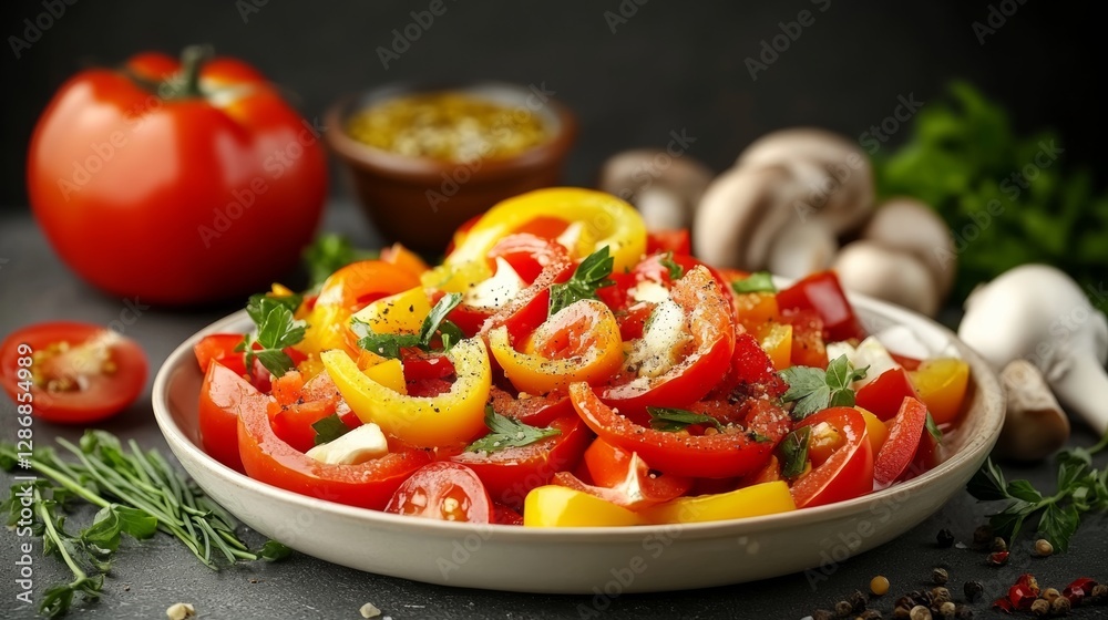 Plate of colorful vegetables including tomatoes, peppers, and mushrooms. The plate is set on a table with a bowl of sauce and a bunch of parsley Plate of colorful vegetables including tomatoes, peppers, and mushrooms. The plate is set on a table with a bowl of sauce and a bunch of parsley