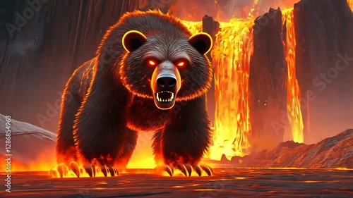 A fiery bear with glowing red eyes stands in front of a lava waterfall.