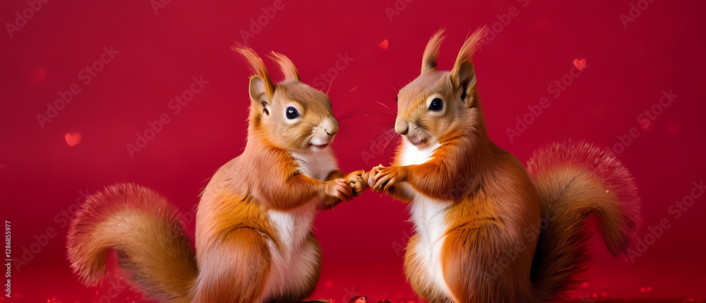 Squirrels holding hands against a red backdrop with hearts for a captivating art display celebrating affection in nature. Generative AI