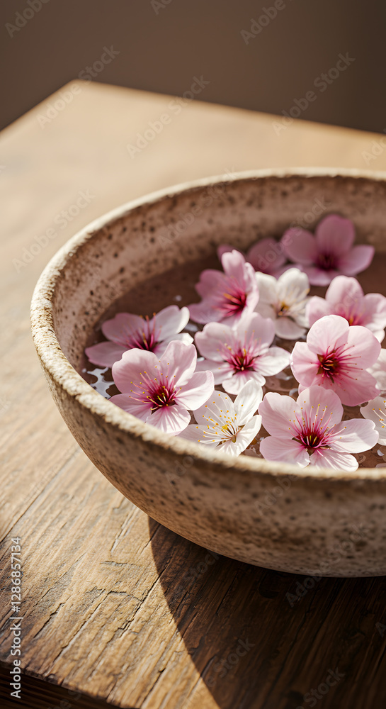 Cherry blossom gently floats in a rustic ceramic bowl on a wooden surface. Cherry blossom gently floats in a rustic ceramic bowl on a wooden surface.