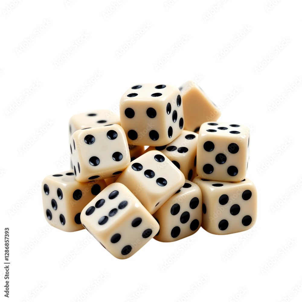 Pile of White Dice with Black Dots for Gaming or Decoration Pile of White Dice with Black Dots for Gaming or Decoration