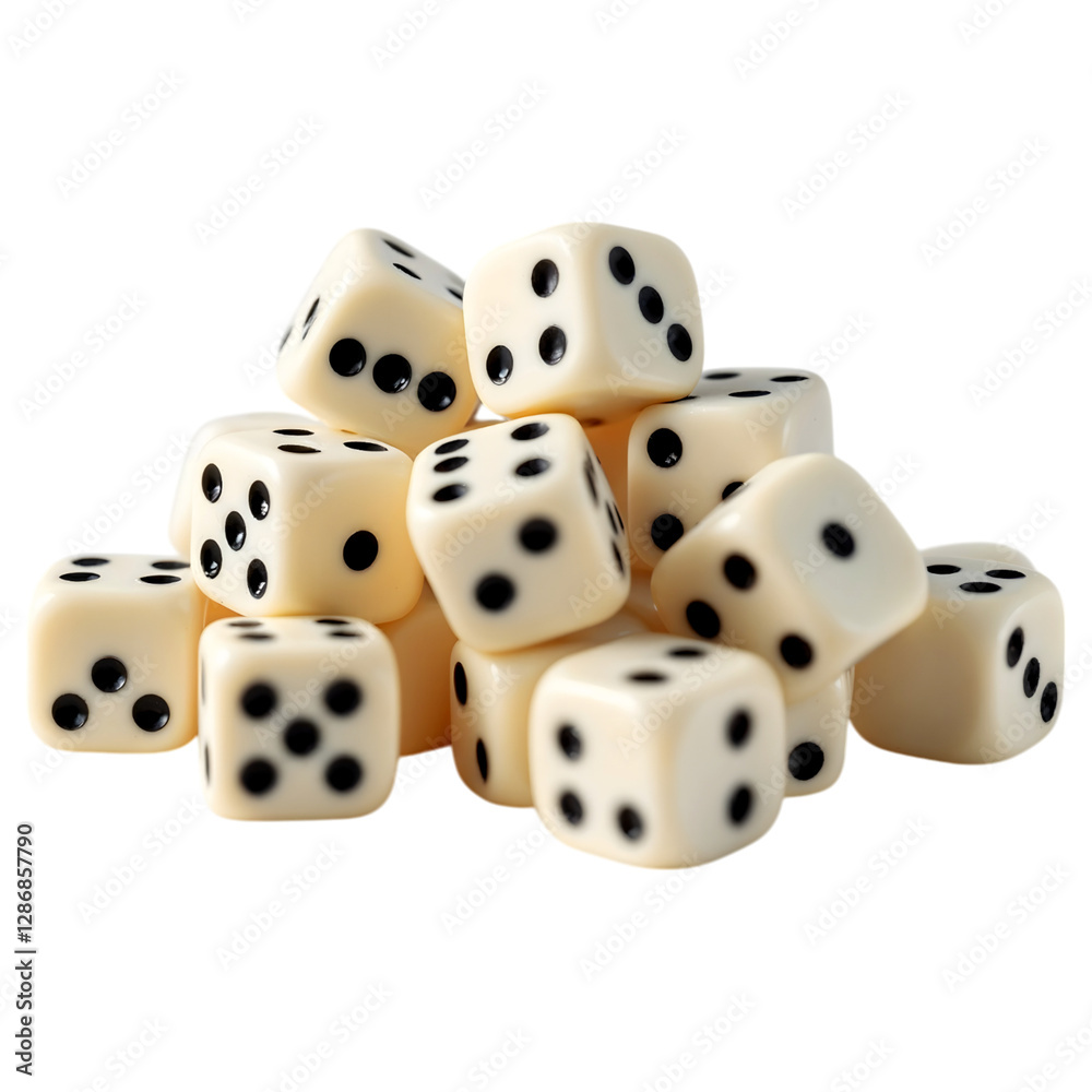 Pile of White Dice with Black Dots for Gaming or Decoration Pile of White Dice with Black Dots for Gaming or Decoration