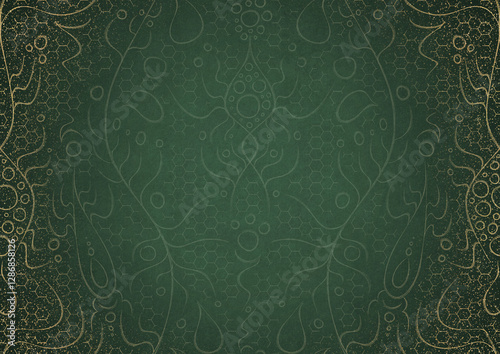Wallpaper Mural Hand-drawn unique abstract ornament. Light green on a dark warm green background, with vignette in golden glitter and splatters on darker background color. Paper texture. A4. (pattern: p13-2a) Torontodigital.ca