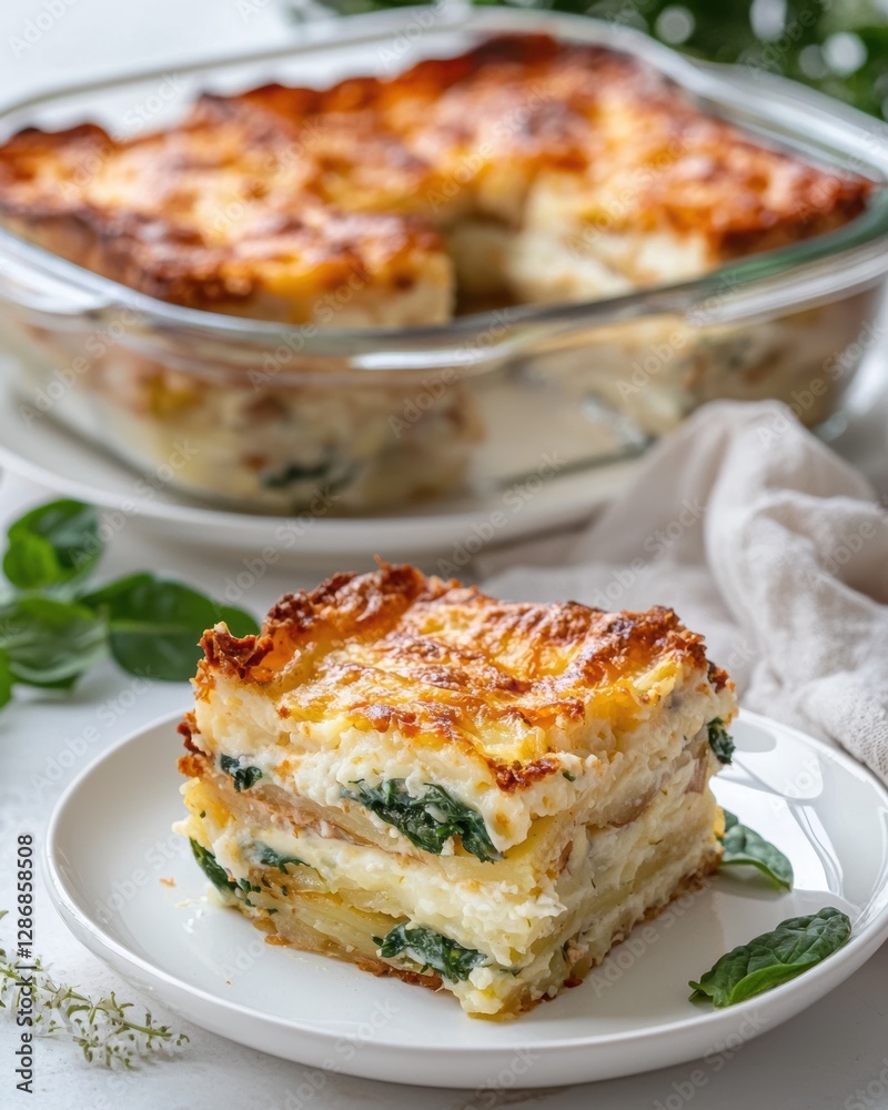 Layered potato and spinach gratin with a golden crust, served on a white plate, showcasing a comforting side dish. Layered potato and spinach gratin with a golden crust, served on a white plate, showcasing a comforting side dish.