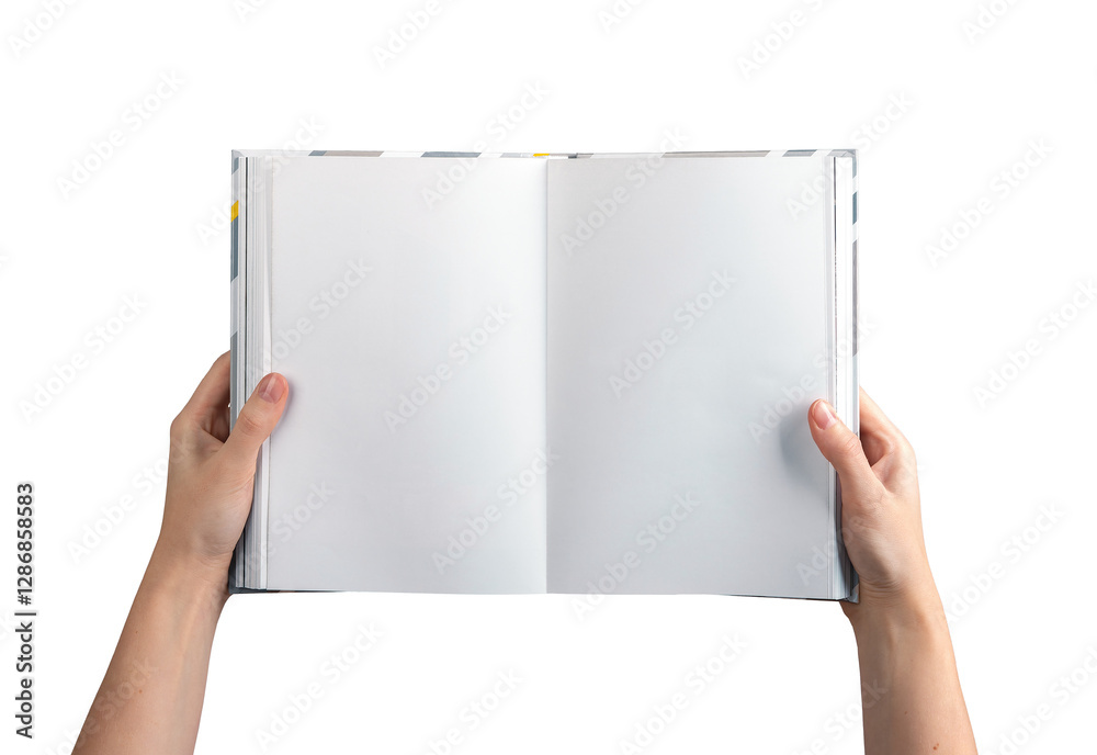 Αυτοκόλλητο A person holding an open, blank book or journal with both hands, showcasing clean, white pages