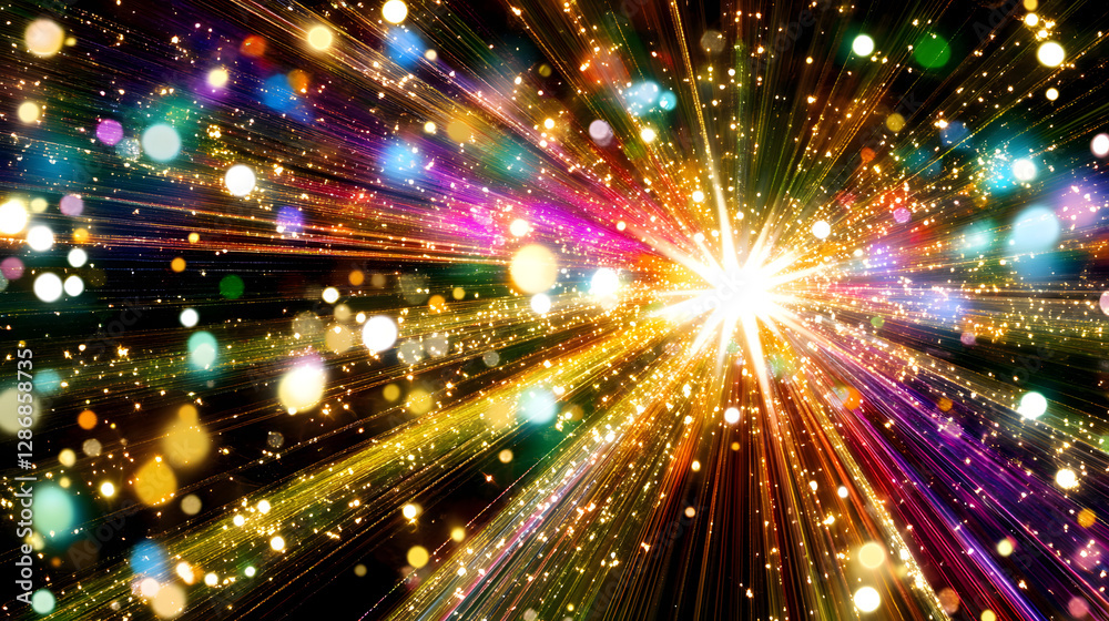 Fototapeta premium Colorful explosion of light and stars creating a surreal cosmic visualization in a dark background