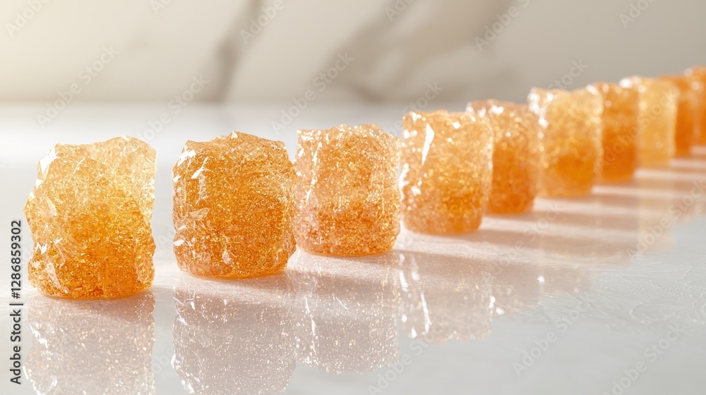 Amber Candies in Row on Marble Surface Amber Candies in Row on Marble Surface